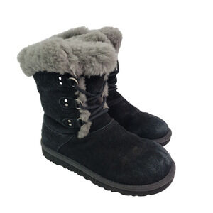 UGG Sophy Girls Size 4Y Black Grey Faux Fur Lace Up Warm Winter Snow Boots